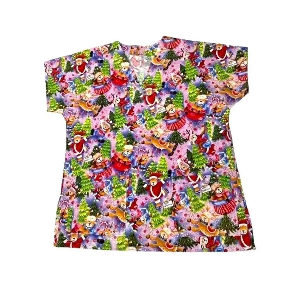 Pink with Winter Christmas Print Reindeer V Neck Scrub Top Women’s Size Large